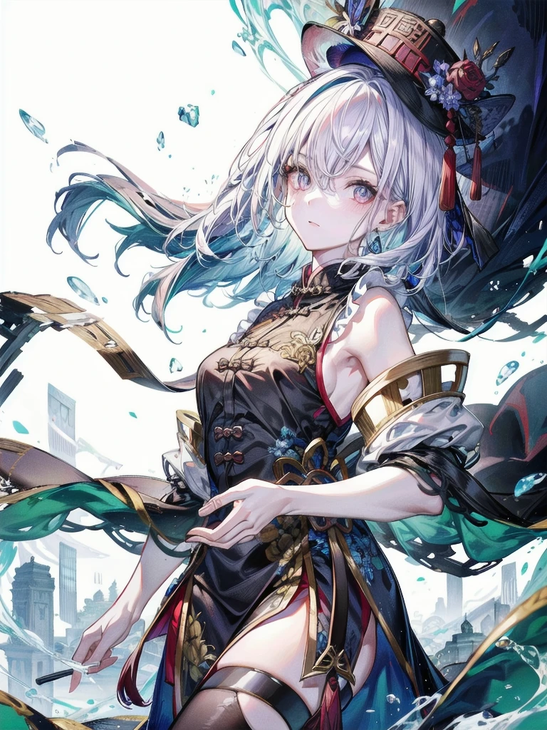 cemetery, dress, braid, chinese clothes, headwear, ofuda, jiangshi, qing guanmao, absurdres, RAW photo, extremely delicate and beautiful, masterpiece, Best Quality, ultra high resolution, 32k, hyperrealistic, ultra-detailed, detailed description, pale skin, 20 years old, tearful mole, earring, Colossal tits, short medium hair, wavy hair, whole body shot,