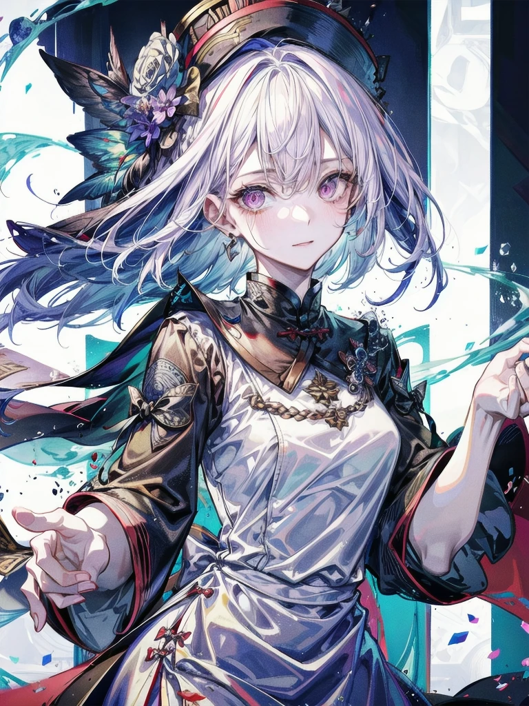cemetery, dress, braid, chinese clothes, headwear, ofuda, jiangshi, qing guanmao, absurdres, RAW photo, extremely delicate and beautiful, masterpiece, Best Quality, ultra high resolution, 32k, hyperrealistic, ultra-detailed, detailed description, pale skin, 20 years old, tearful mole, earring, Colossal tits, short medium hair, wavy hair, whole body shot,