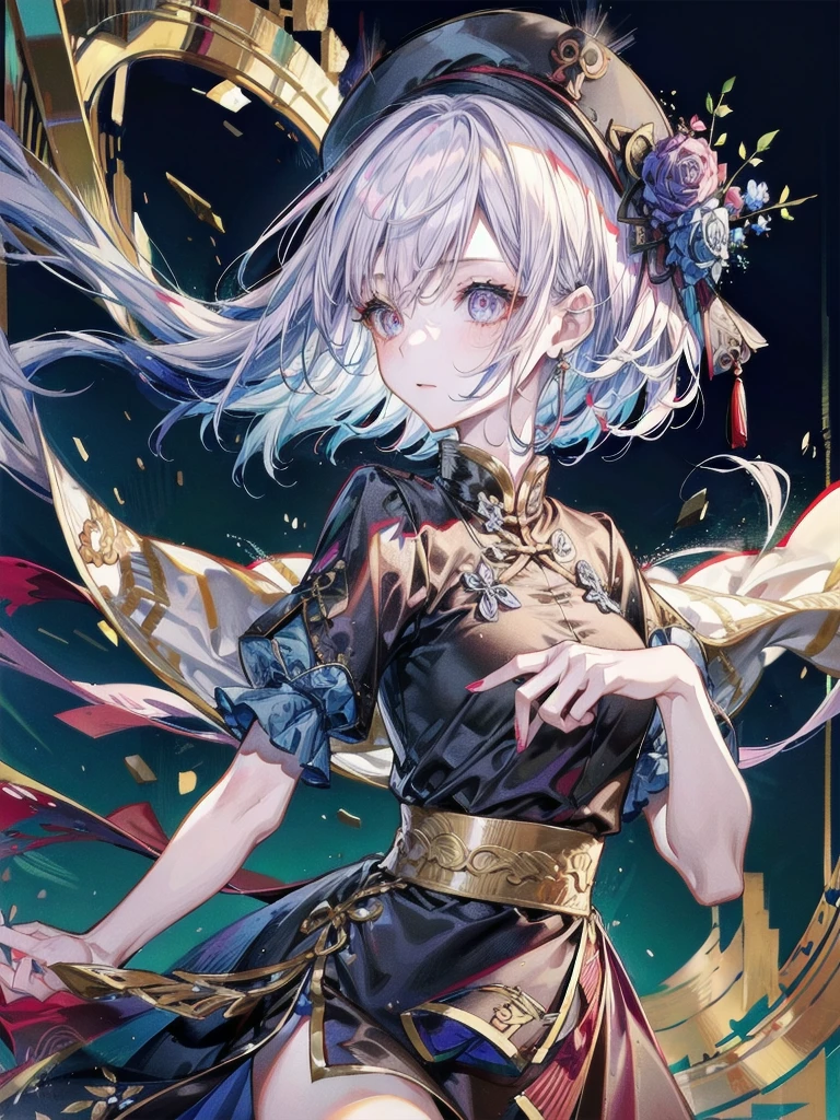 cemetery, dress, braid, chinese clothes, headwear, ofuda, jiangshi, qing guanmao, absurdres, RAW photo, extremely delicate and beautiful, masterpiece, Best Quality, ultra high resolution, 32k, hyperrealistic, ultra-detailed, detailed description, pale skin, 20 years old, tearful mole, earring, Colossal tits, short medium hair, wavy hair, whole body shot,