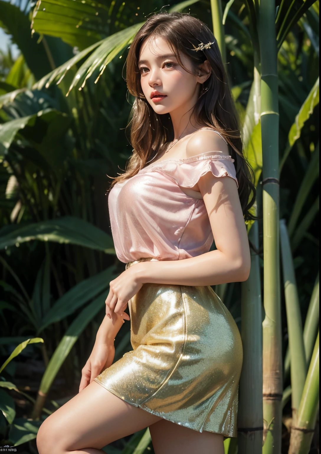 (best quality,4k,8k,highres,masterpiece:1.2),ultra-detailed,(realistic,photorealistic,photo-realistic:1.37),portrait,soft lighting,beautiful detailed eyes, beautiful detailed lips,long eyelashes,dark wavy hair,serene expression,olive skin, ((Standing)),((starfish pink glitter silky satin t-shirt with above knee length glitter yellow skirt)), ((Detailed Dress)), ornate embroidery,subtle hand gesture,graceful posture, dappled sunlight filtering through the Sugarcanes,((sugarcane Forming Fields)), ((((sugarcane Farming)))),((((fresh and eatable Sugarcanes)))), rustling sound of sugarcane stalks swaying in the breeze, Sugarcane soft warm tones,ethereal atmosphere,((sweet aroma of ripening sugarcane)),delicate dewdrops glistening on the tips of the leaves,subtle movements of the girl's dress in the wind,peaceful ambience,harmony between the girl and nature, ((clear Sugarcane plants)), Perfect Sugarcanes, ((Big Sugarcane plants)), Stylish Poses, Stylish angles, (((Full Body shot))), (((Closeup shot))),
