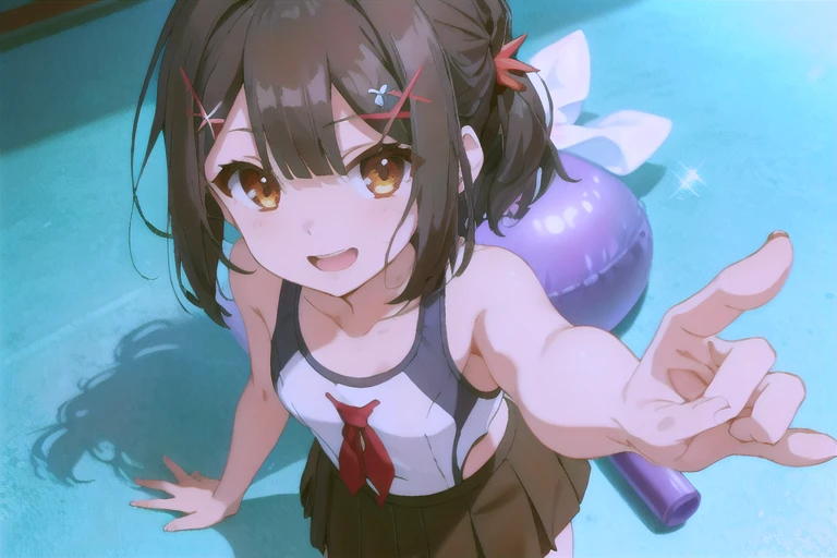 school swimsuit:1.3, 12 years old, ,  (miyu edelfelt, Prisma☆Illya, black hair, brown eyes, medium hair, x-shaped hair ornament), (masterpiece, best quality, ultra-highdetail, extremely detailed illustration,intense shadows, 8k quality), very short pleated skirt,  low angle, from below, happy smile, embarrassed,sparkling pupils, gleaming skin, open mouth, looking at viewer, full body, five fingers, Standing, very short pleated skirt, 