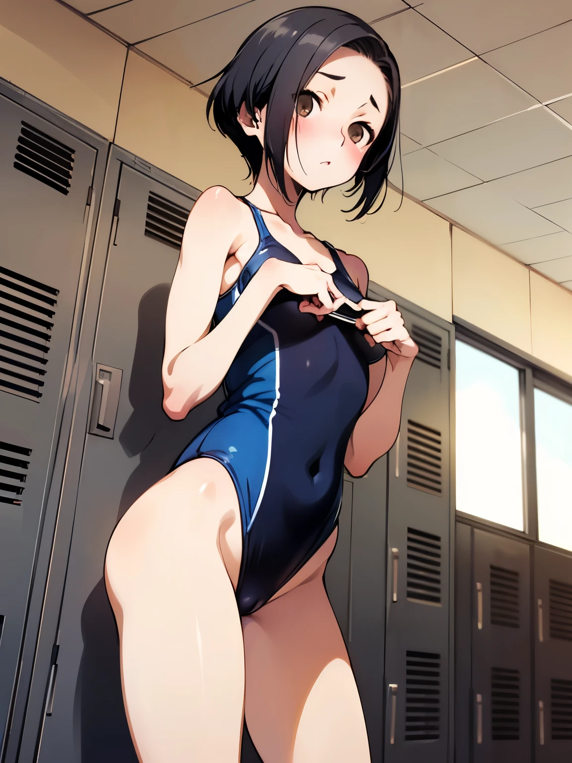 NSFW,Aarinko、short hair、Black Hair、Bobcut、Swimsuit,High leg swimsuit,Embarrassed,blush,(Perfect hands),(Perfect Anatomy),(masterpiece),(highest quality),Looking up,Lonely look,School,locker room,looking at the camera,Look Up