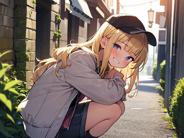 Masterpiece, Top quality, 1 beautiful girl, Blonde, medium Hair, wavy Hair, blunt bangs, silky hair, 16 year old, standard weight, (cool jacket, Shorts :1.3), cap, grin, blush, beautiful scene of  narrow Alley, blurry background, magnificent panorama view, sunset, squatting down, from side