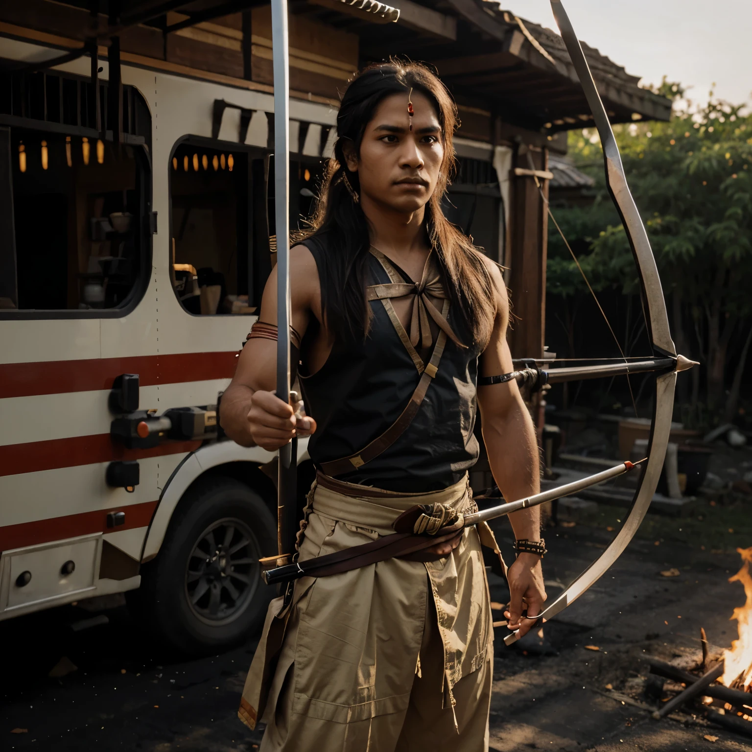 A worrier with a katana and bow and arrow wearing Indian cultural wear and standing before fire