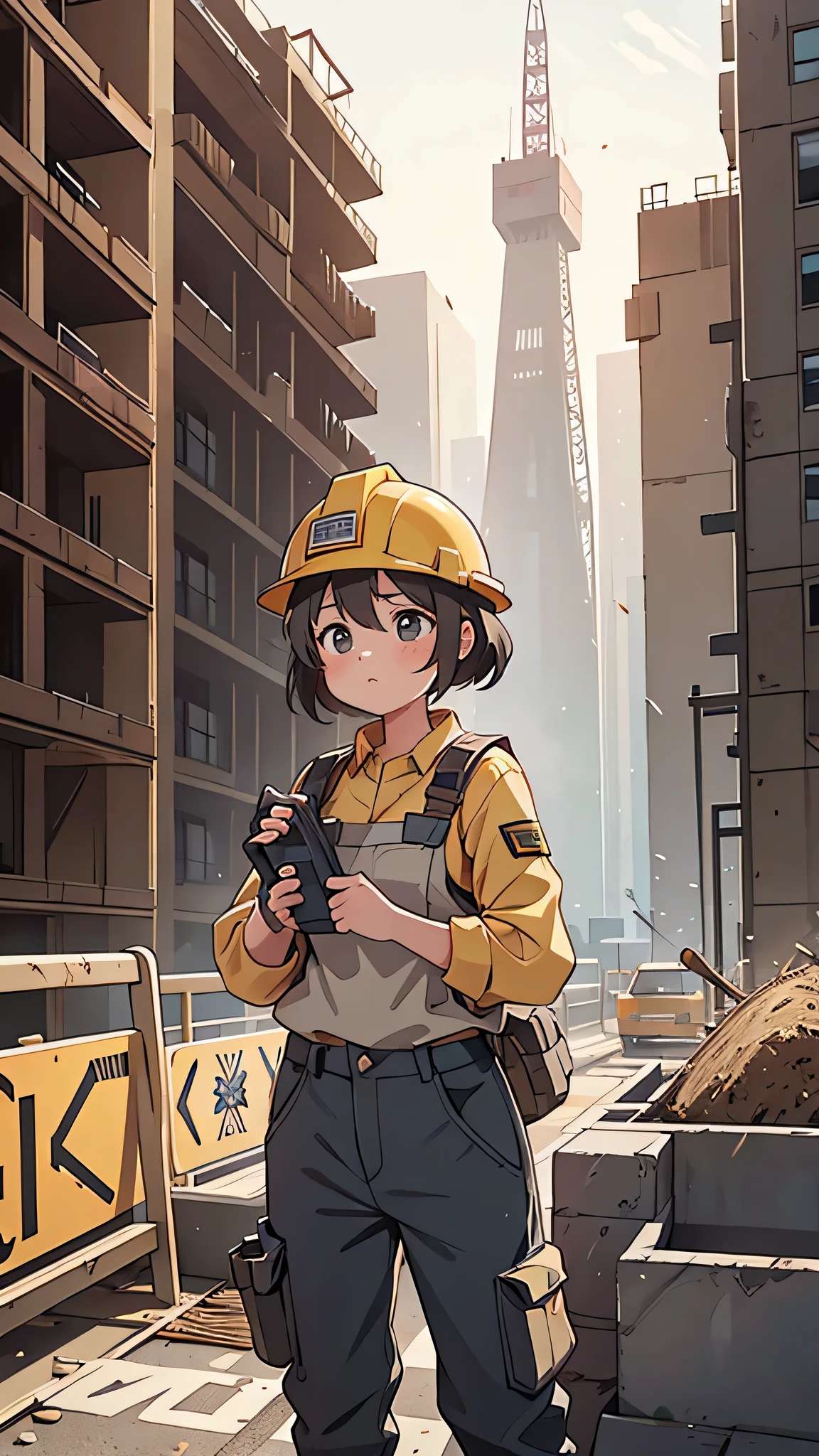 Girl at the construction site, wear long sleeve shirts, cargo pants, Safety Helmet, and holding a A powerful method in her hand.

(High resolution,4K,highest quality:1.2),Very detailed,(Realistic:1.37),Large construction site,Professional,Industrial Lighting,Vibrant colors,Bokeh,Gritty atmosphere

[Construction worker], [Urban], [Dynamic pose], [A powerful method], [Safeguards], [concrete], [crane], [Dust and debris], [Blueprint], [Construction Machinery], [Steel beam], [Helmet], [Work gloves], [scaffold], [Construction site signage], [Noise and activity], [Yellow caution tape], [Sunlight and shadow], [Busy workers], [Dirt and mud], [Construction Vehicles], [Diligent]

This Professional prompt、We hope it helps you create beautiful, detailed images of girls working on construction sites.。.