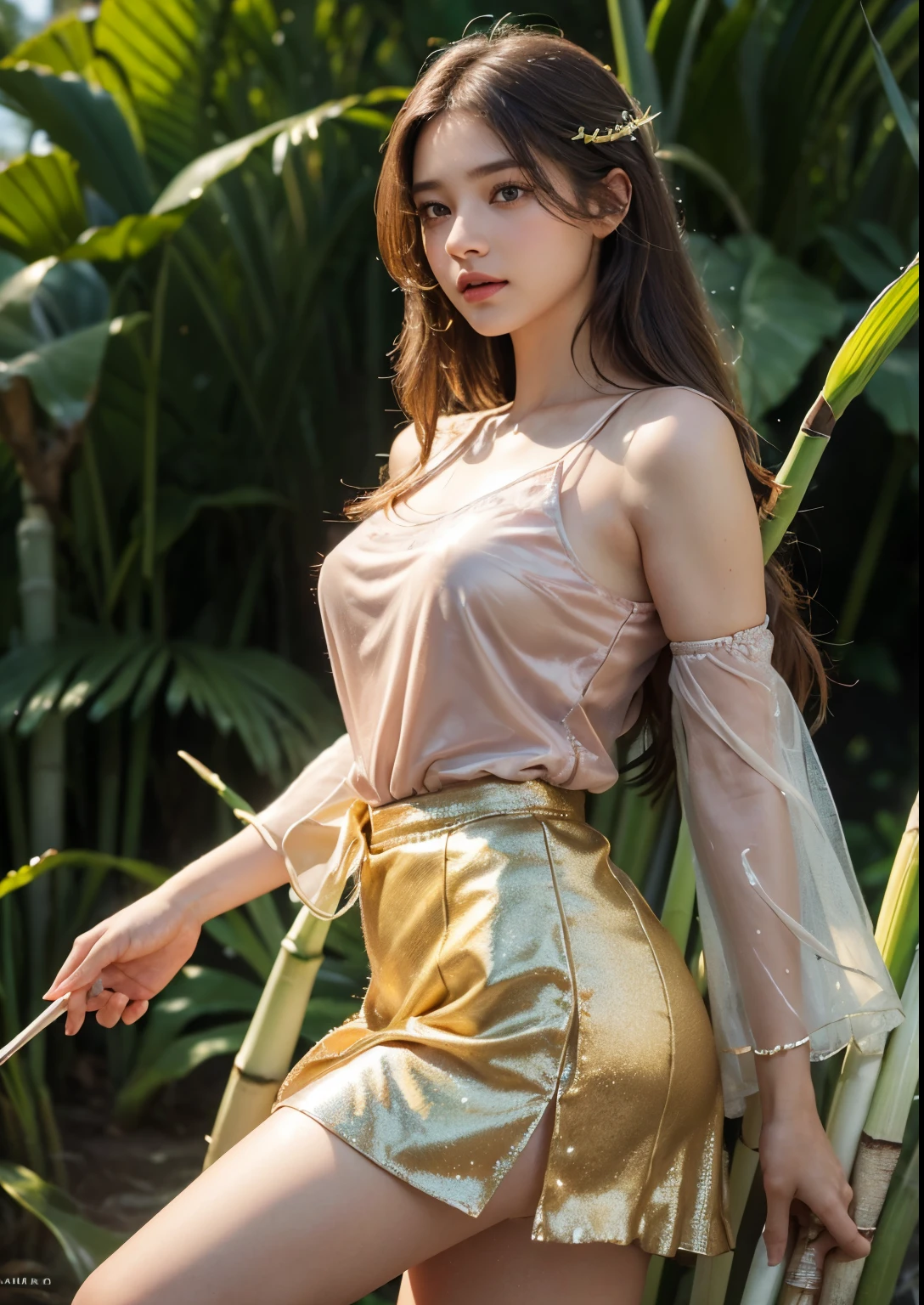 (best quality,4k,8k,highres,masterpiece:1.2),ultra-detailed,(realistic,photorealistic,photo-realistic:1.37),portrait,soft lighting,beautiful detailed eyes, beautiful detailed lips,long eyelashes,dark wavy hair,serene expression,olive skin, ((Standing)),((starfish pink glitter silky satin t-shirt with above knee length glitter yellow skirt)), ((Detailed Dress)), ornate embroidery,subtle hand gesture,graceful posture, dappled sunlight filtering through the Sugarcanes,((sugarcane Forming Fields)), ((((sugarcane Farming)))),((((fresh and eatable Sugarcanes)))), rustling sound of sugarcane stalks swaying in the breeze, Sugarcane soft warm tones,ethereal atmosphere,((sweet aroma of ripening sugarcane)),delicate dewdrops glistening on the tips of the leaves,subtle movements of the girl's dress in the wind,peaceful ambience,harmony between the girl and nature, ((clear Sugarcane plants)), Perfect Sugarcanes, ((Big Sugarcane plants)), Stylish Poses, Stylish angles, (((Full Body shot))), (((Closeup shot))), Sexy angles, Hands on Hips, ((((Realistic sugarcanes))))