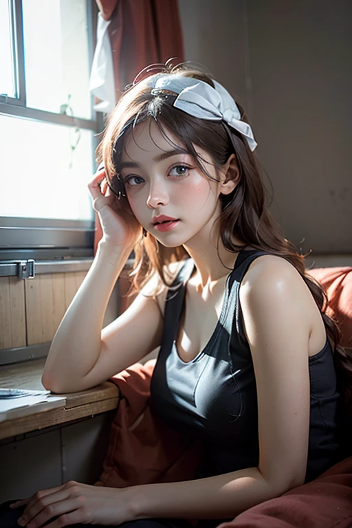 сloseup candid portrait photo of a young artistic woman, sitting by the window, sunlight beams on her face, soft romantic lighting, summer day —ar 2:3
