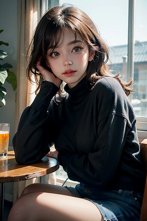 сloseup candid portrait photo of a young artistic woman, sitting by the window, sunlight beams on her face, soft romantic lighting, summer day —ar 2:3