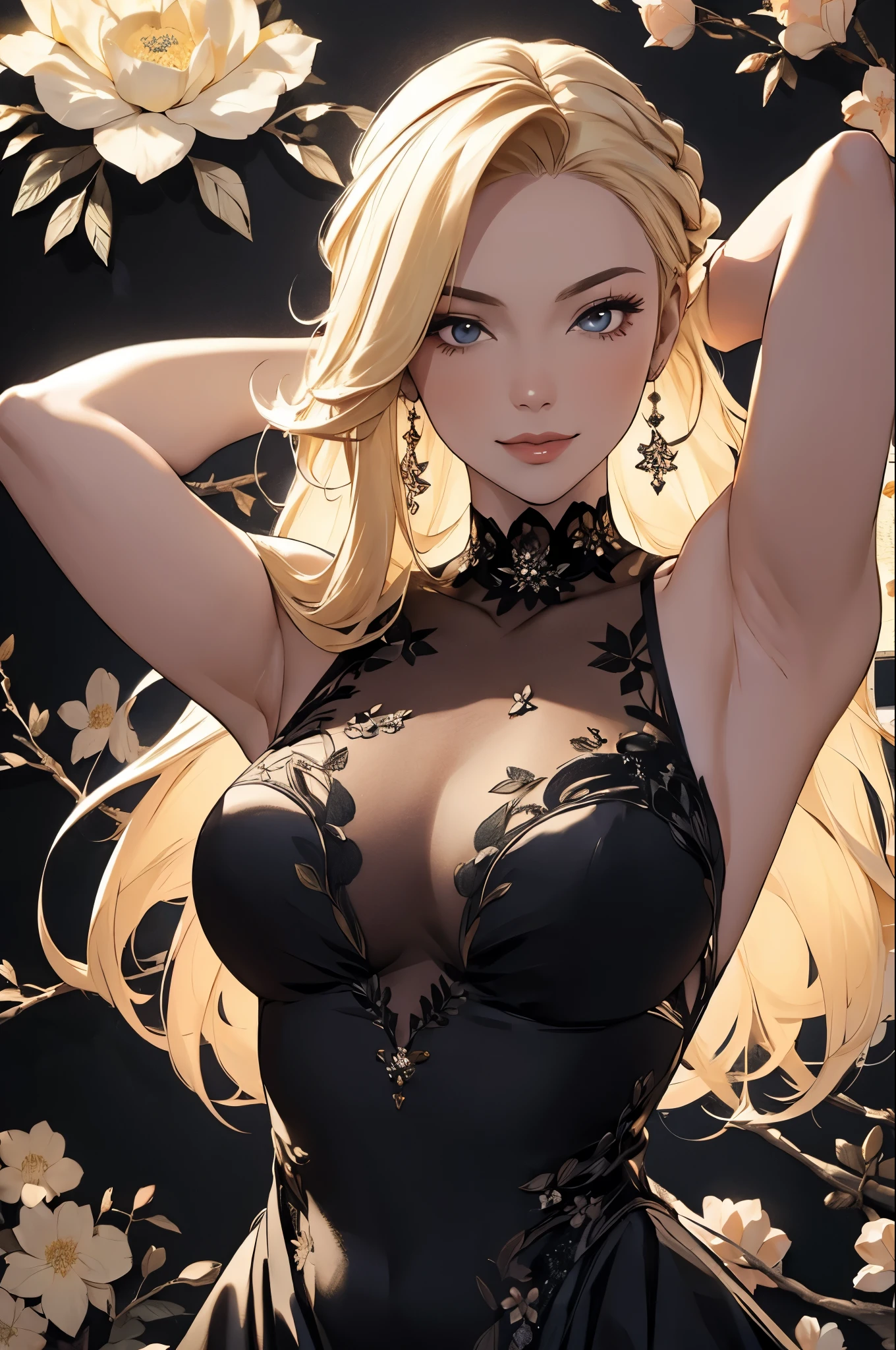 (masterpiece, best quality, ultra-detailed:1.3), 1girl, arms behind head, (smile:0.5) edgPetal, a woman wearing a black dress made of flower petals, wearing edgPetal, garden background, dimly lit BREAK (long blonde hair), mid parted hair  