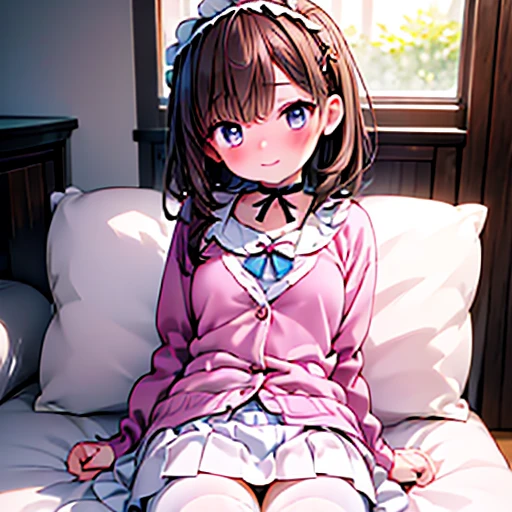 (masterpiece:1.2, highest quality), (Realistic, photoRealistic:1.4), Beautiful illustrations, (Natural Side Lighting, Cinema Lighting), Browsing Caution, View your viewers,, Front view:0.6 , Perfect Face, Cute and symmetrical face, Shiny skin, Beautiful small , Brown Hair, Brown eyes, Wavy Short Hair, bangs, blush, bright, smile, White ruffle dress, Round 1, choker, rock, 18-year-old, Charmed, Cute Hair Accessories, White tights, Thick thighs, bed, Pink Cardigan, White pantiespillow, Stuffed dog, Gothic Lolita, Top Vi