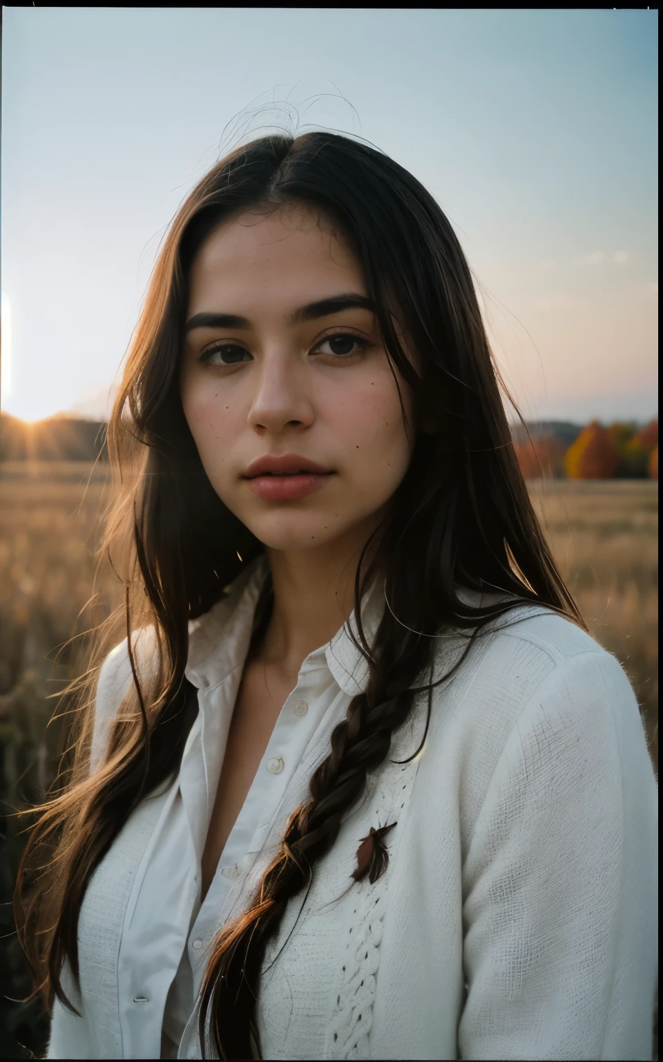 (analog photo:1.2),((full face, close-up, high textured facial skin),(dynamic camera),(27 yo Ashkenazi  Ukrainian 
woman with long hair)BREAK(sunrays, sunset, sky clouds (hdr:1.1),(high quality, film grain), (natural colors, correct white balance, color correction, dehaze, clarity), ,(skin texture) (Slightly surreal photo)BREAK[creative consciousness on display], (profound psychological meaning)BREAK ([esoteric features]), ([American Fall Autumn])BREAK [surreal natural lighting], [wide angle lens medium format camera], in the style of [Ralph Lauren] 