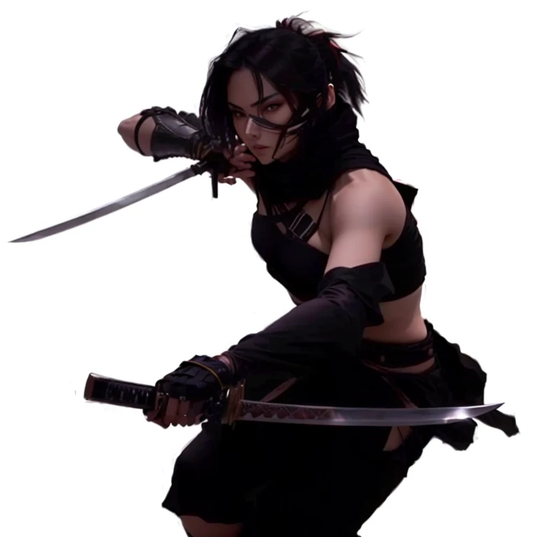 Arafa woman in black clothes holding two swords in her hands, dramatic wielding Katana pose, gothic ninja, kunoichi, Katana zero video game character, unsheathing her Katana, mk ninja, wielding a Katana, assassina feminina, roupa ninja, Katana, pose durona, com espada grande, dramatic sword-wielding pose, ninja, pose de luta