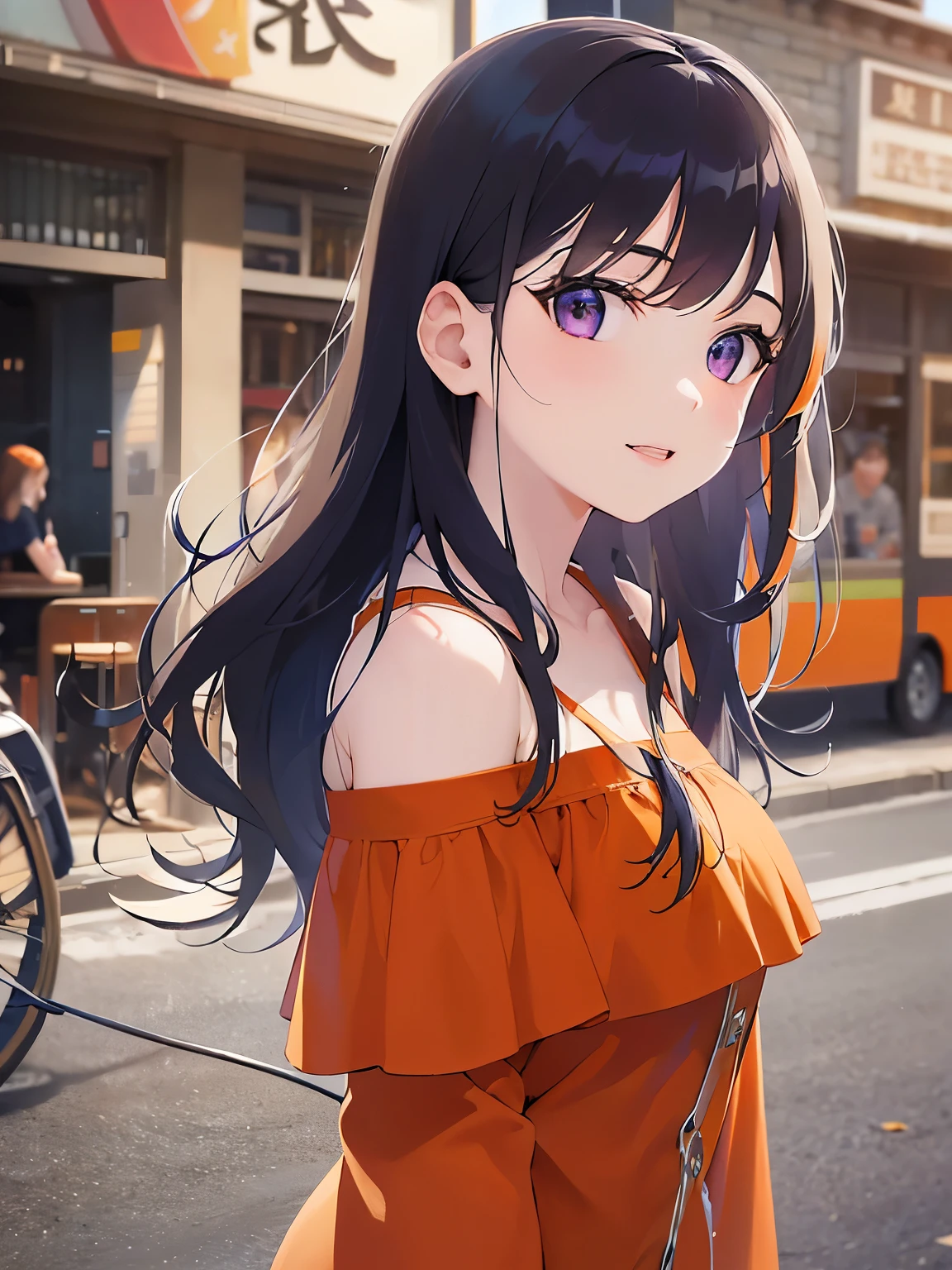 highest quality、masterpiece、 Realistic, real person, (pale skin: 1.2), RAW photo, photorealistic, shiny skin, shiny hair、(A 26-year-old woman with straight hair and bangs) and (medium hair) and (black hair) and (purple eyes) ,(Orange off-shoulder:1.7) 、(A big smile:1.2)、The background is the amusement park station、Alone、(looking back)and(Spreading both arms:1.5)