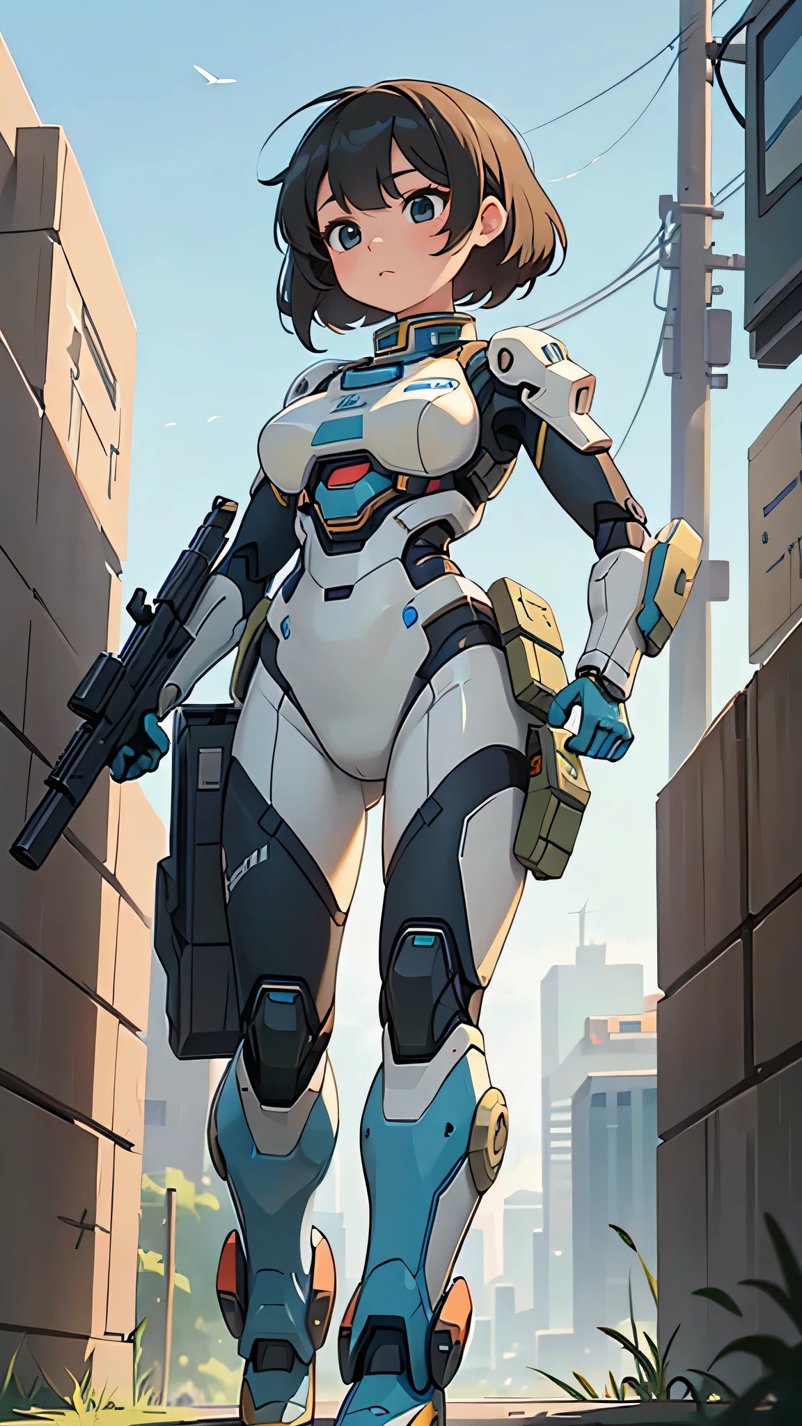 A woman in her fifties wearing a futuristic suit and holding a gun in her hand, Girl wearing mecha cyber armor, Mechanized Soldier Girl, cgsociety と fenghua zhong, Perfect android girl, cute Cyborg Girl, Cyberpunk Anime Girl Mecha, Female Mecha, Beautiful girl cyborg, Cyborg Girl, Vojtek Fuss, Armored astronaut girl portrait, Mechanized Valkyrie Girl