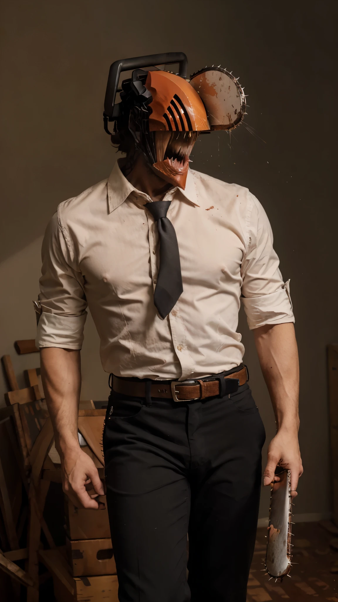 masterpiece, best quality, cowboy shot, solo, male focus, 1man, head (chainsaw man), sharp teeth, tongue, white collared shirt, black necktie, sleeves rolled up, black pants, belt, Blood.