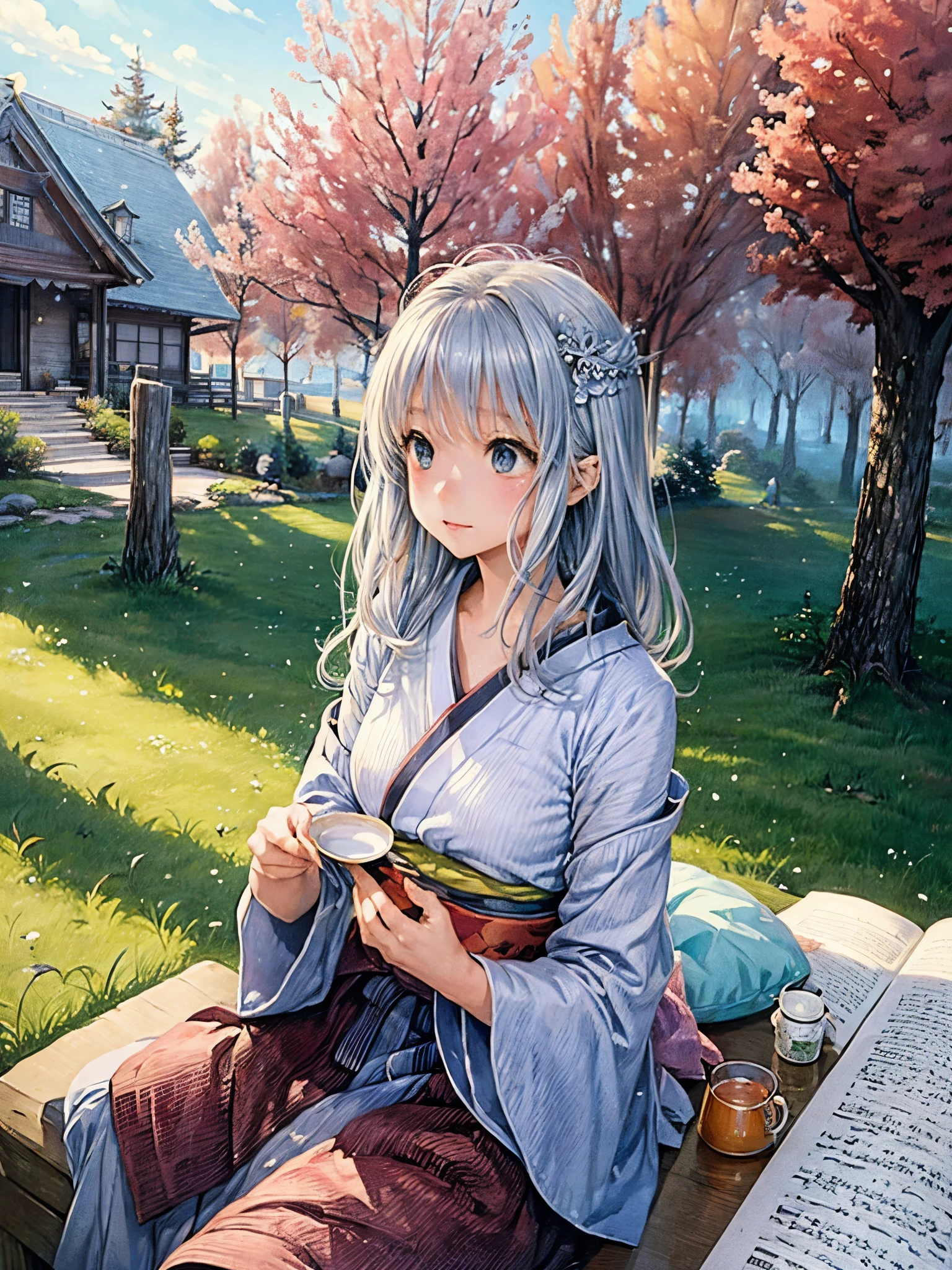 Fairy tale illustration by Reiko Ikemura, pixabay, simple art, full color illustration, cute fairy tale illustration, picture book illustration, illustration, girl picking tea in the style of Hayao Miyazaki, in the field, kimono, kimono