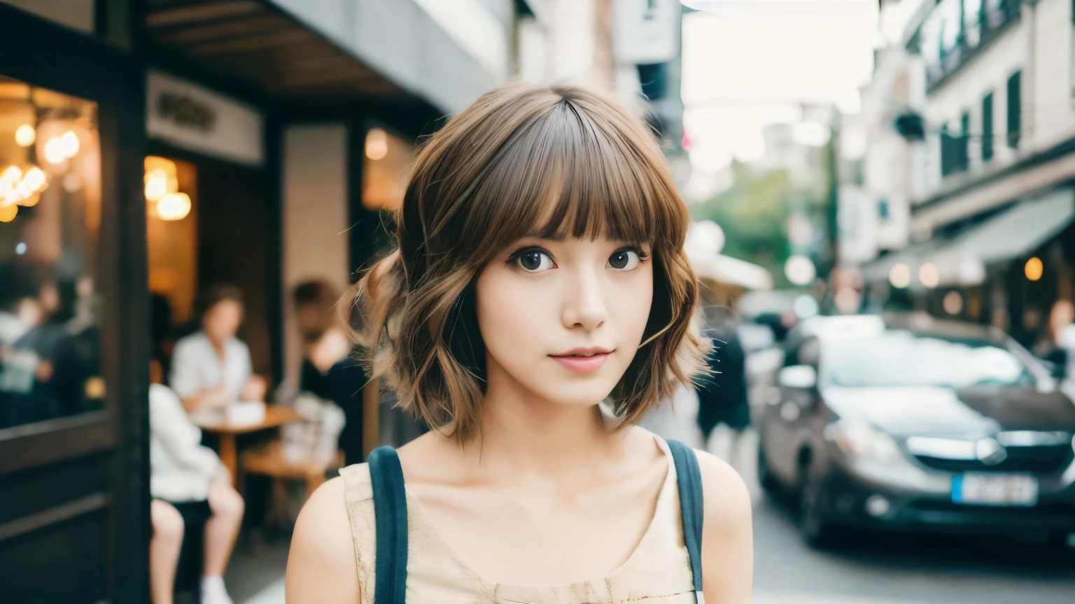 super high quality, Fashion Model, short hair, thin, (8k、RAW Photos、highest quality、masterpiece:1.2), Japanese Idols, Serious expression, Shaggy, Brown Hair, Stylish cafe, Fashion magazine shooting, People having fun at the cafe々Bustling with., (Realistic、Realistic:1.37), Beautiful Face , Normal chest, Urban Cafe, A gentle gaze, Spring Clothes, Dress neatly,