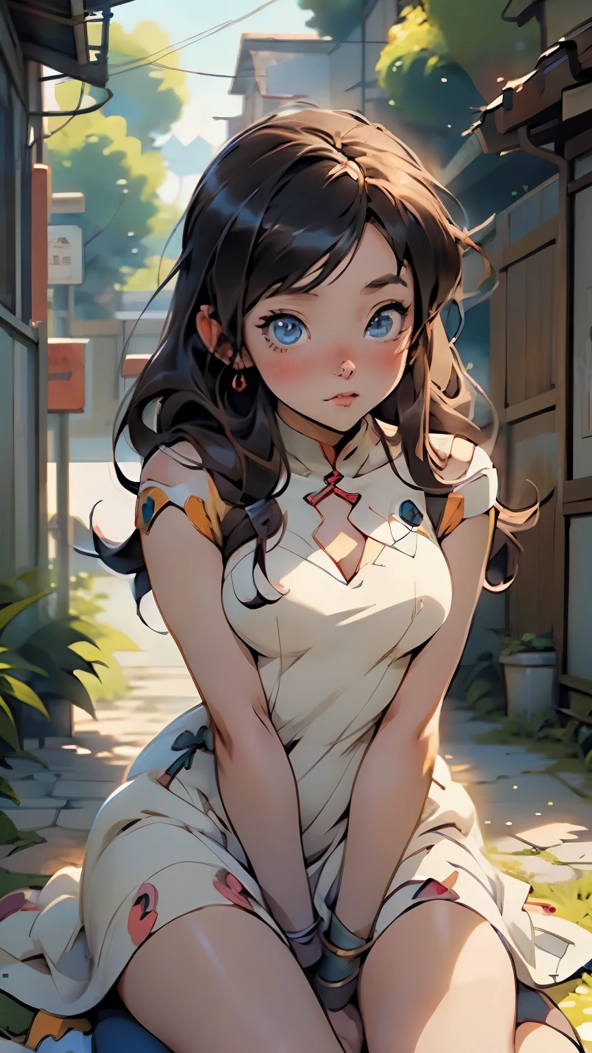 anime girl with long hair and blue eyes sitting on the ground, anime moe artstyle, seductive anime girl, in dress, cute anime girl, shy looking down, painted in anime painter studio, , pretty anime girl, , portrait anime girl, (anime girl), made with anime painter studio, anime girl, rin, beautiful anime girl