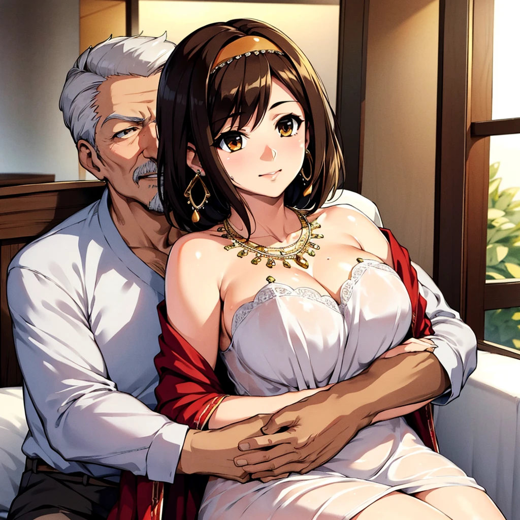 ((highest quality)), ((masterpiece)), (detailed), (Perfect Face)、The woman is Haruhi Suzumiya, with short brown hair and the wife of a 70-year-old man.、(The woman is wearing a gorgeous, see-through dress and cape with gorgeous embroidery and extravagant fur, and is wearing accessories such as a gorgeous engagement ring and gorgeous jeweled earrings and necklace, and is snuggling up to a gorgeously dressed 70-year-old man, with her arms entwined around him.)、(A woman is wearing a gorgeous engagement ring and snuggling up to a 70-year-old man)、The man is 70 years old and is happily embracing the woman in a luxurious mansion.