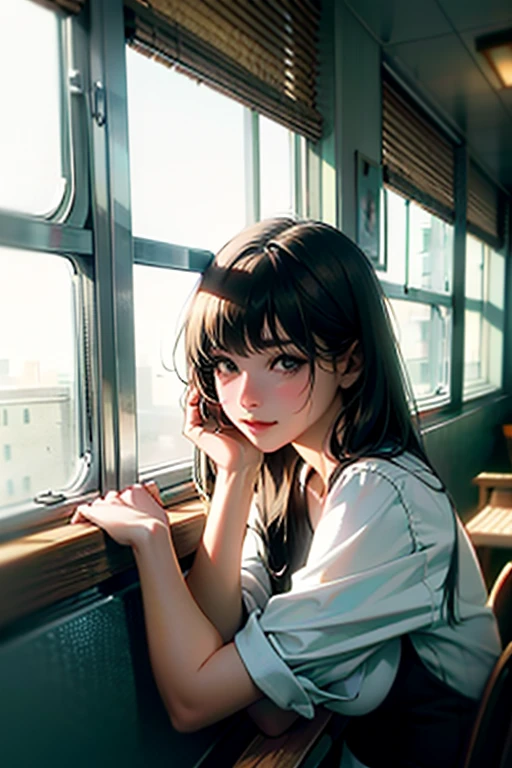 сloseup candid portrait photo of a young artistic woman, sitting by the window, sunlight beams on her face, soft romantic lighting, summer day —ar 2:3