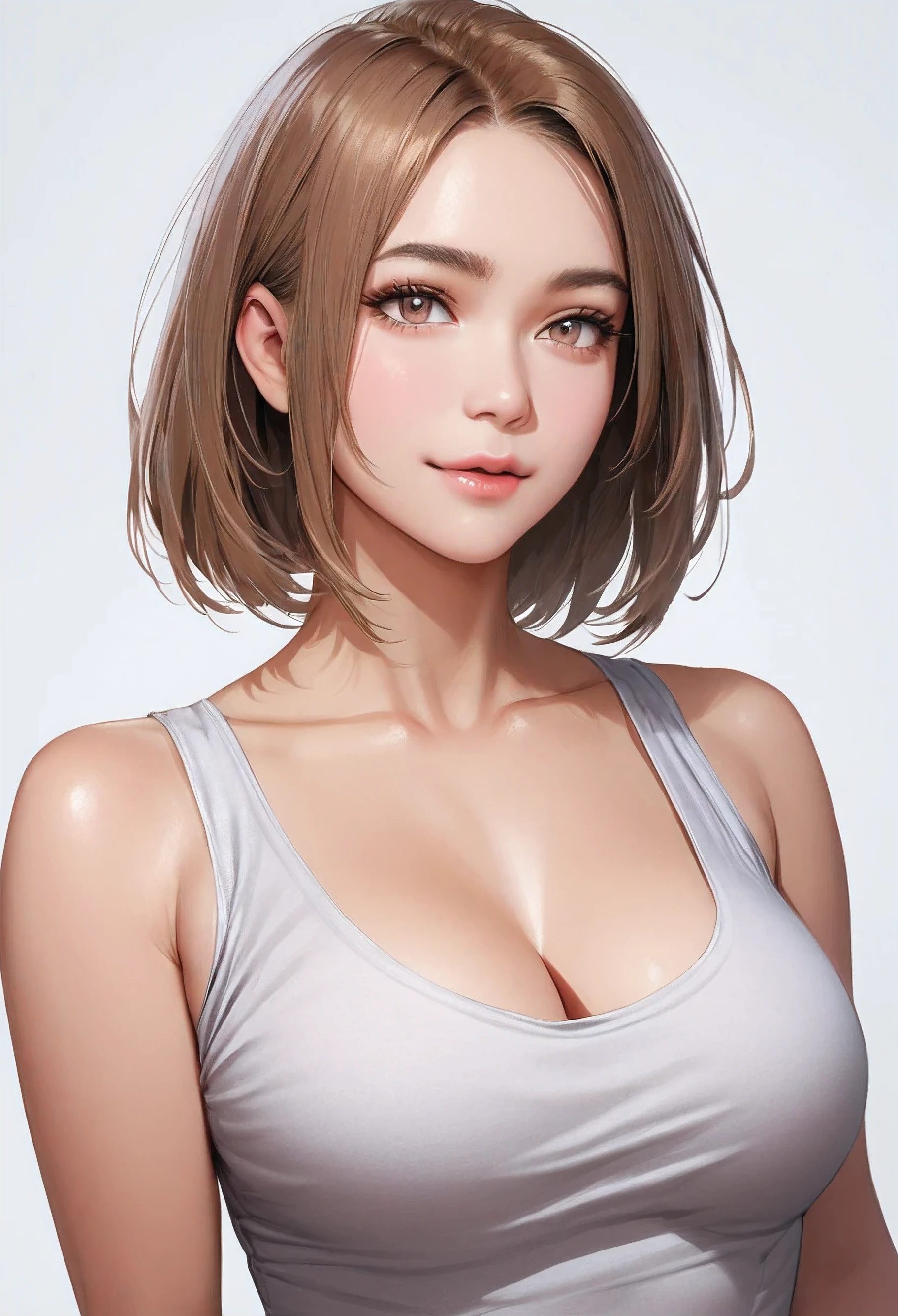 (software:1.8, highest quality), 1 girl, alone, Realistic, Realistic, Looking at the audience, Light brown eyes:1.4, Brunette Short Bob Hair with highly detailed shiny hair, Lepangas:1.4), Mouth closed, Upper Body, big chest eye, eyelash, {Huge|big chest|Huge|Mega} whole :2, Chest cleavage:2, (((Add highlights to the eyes:1.4, big chest eye, Glowing Skin:1.4, Looking at the audience, Show me your ears, Beautiful long neck, smile, Bangs and beautiful teeth))), Ideal body type, ((beautiful, blank purple background:2, Simple, Blank blue sky background:2, Very simple white background:2)), (modern), Light skin tone, (Photorealistic:1.4), 8K Ultra HD, Dynamic movie lighting, highest quality, multiple girls, thighhighs, Beautiful long neck:1.4, (({Huge|big|Huge|Mega} chest, Chest cleavage:2, Upper Bodyは服を着ていない:1.6)), (((Portraiture:2, Face close-up:2)))