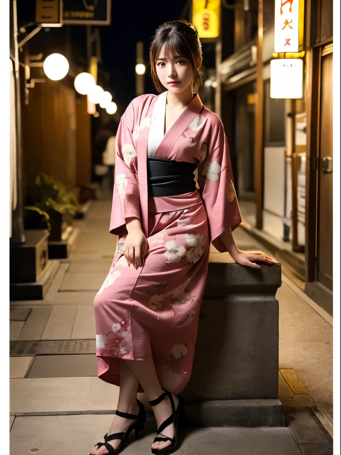 (((masterpiece))), (((highest quality: 1.4))), ((Super Detail: 1.4)) ,ulzzang-6500-v1.1, (Raw photo:1.2), (Photorealistic), (Genuine:1.4), (Full Body Shot:1.3). high school girl, Lesbian, (((Japan Yukata))), No bra, , Spread your legs wide、(((Traditional Japanese Kimono、Long-sleeved kimono)))、Embarrassed look、Collarbone fetish、Fluttering kimono、liquor、Indoor at night、(Interior background at night)、Natural Skin Shader, Volumetric, Warm shades beneath her skin,