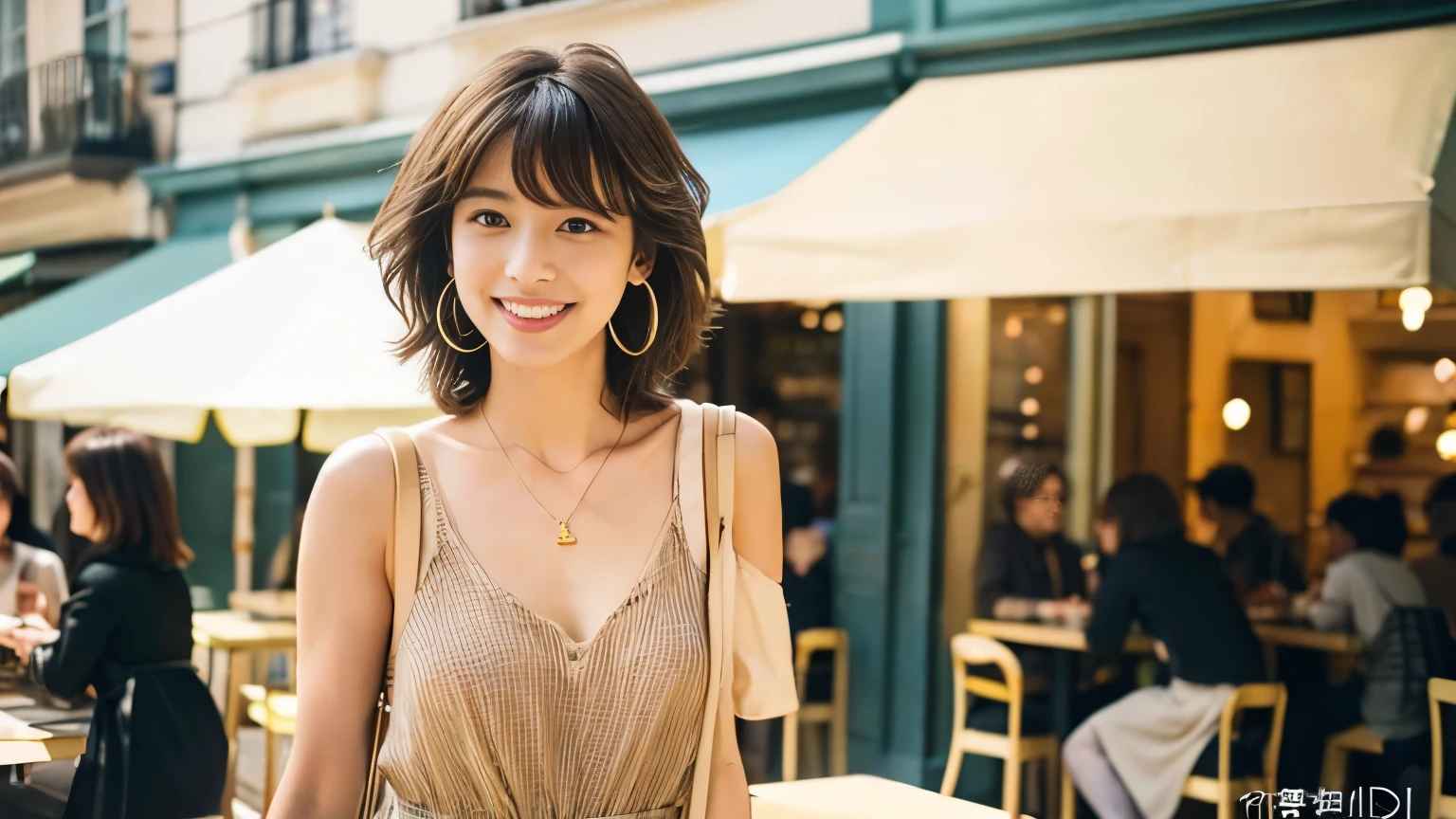 super high quality, Short Hair, Slender, Gravure photoshoot, The staff is working at the counter in the back., (8k、RAW Photos、highest quality、masterpiece:1.2), Japanese Idol, Shaggy, Sportswear, Stylish café, The cafe is crowded with people enjoying themselves., (Realistic、Photorealistic:1.37), Mesh Hair, Urban Cafe, Golden Ratio, Raw photo, Cute face , Light Brown Hair, Earrings, Small breasts, Bright cafe interior, Spring Clothes, necklace, Spoiled, Cafe Terrace, Open Cafe, Open Cafeの前に高級車, Smile, Hair blowing in the wind, Neat clothes, 18-year-old, younger sister, 
