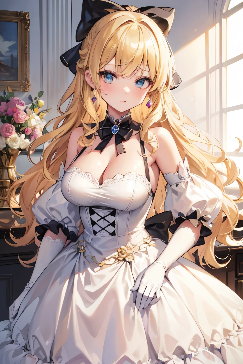 blonde hair, curly hair, expressive hair, hair bow, crystal earrings, Pop art, cowboy shot, ((masterpiece)), textured skin, (super detail), high details, best quality, noble, adult woman, ((princess)), (luxurious dress), exposed shoulders, silk gloves, colorful flowers