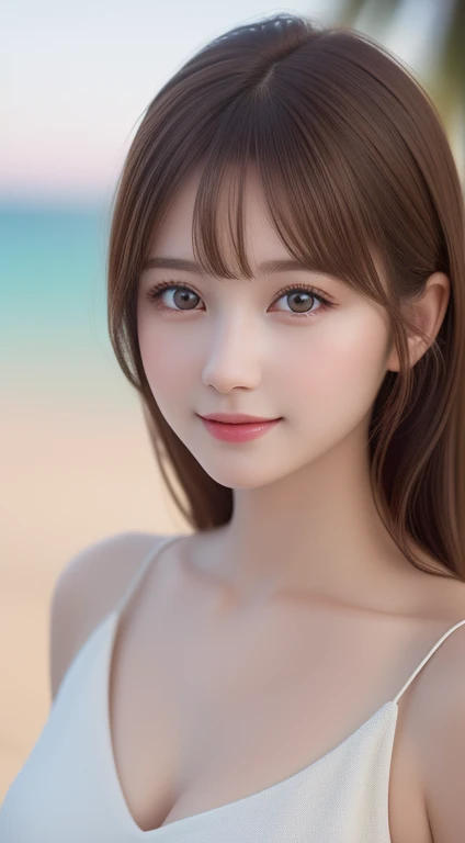 (High resolution, 4k, 8k, super detailed: 1.2), (hyperrealistic, photorealistic: 1.37), (illustrated), (detailed lighting), (very delicate and beautiful), 1 young girl, brown hair , Model, Bare Shoulders and Chest, (Best Quality), 8K Super Detailed CG Wallpaper, Vibrant Colors, Professional Grade, ((Bokeh Effect))), Depth of Field. beach. smile,
