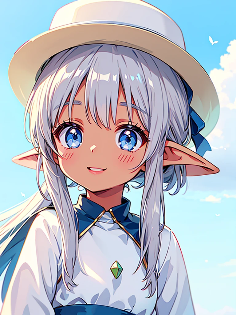 Depiction of the upper body、High resolution、high quality、High resolution、Elf、((Brown Skin))、Silver Hair、Pointed Ears、hair band、White Hat、Smiling Kindly、Beautiful Lips、Open your lips slightly、near、blue sky