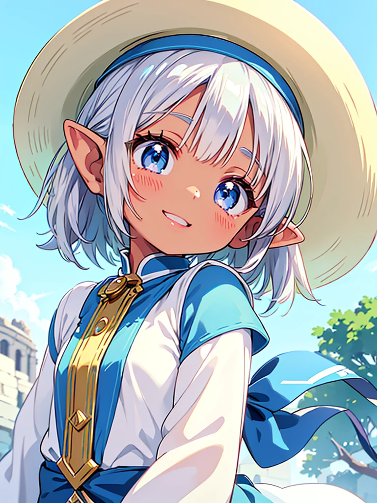 Depiction of the upper body、High resolution、high quality、High resolution、Elf、((Brown Skin))、Silver Hair、Pointed Ears、hair band、White Hat、Smiling Kindly、Beautiful Lips、Open your lips slightly、near、blue sky