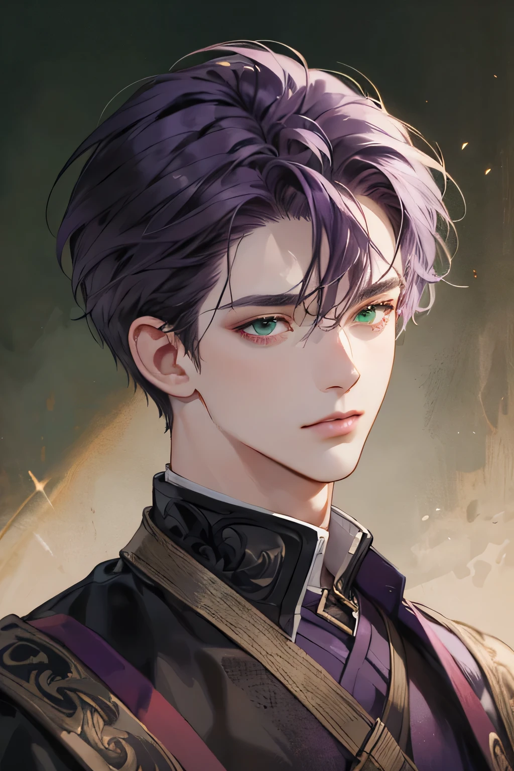 (Best quality),adult,1 man, male, mature, very tall, elegant, (((very short dark purple hair))), green deep eyes, perfect eyes, dark purple hair, medieval fantasy style clothing,  richly textured background, soft lighting, portrait style, painting style, deep colors, half body