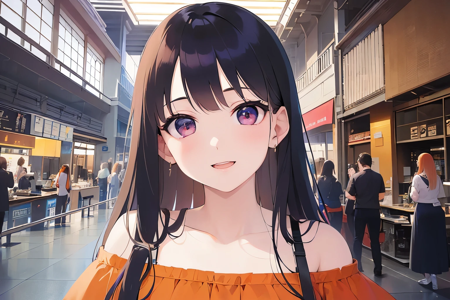 highest quality、masterpiece、 Realistic, real person, (pale skin: 1.2), RAW photo, photorealistic, shiny skin, shiny hair、(A 26-year-old woman with straight hair and bangs) and (medium hair) and (black hair) and (purple eyes) ,(Orange off-shoulder:1.5) 、(A happy face)and(Mouth slightly open)、The background is in front of the station、Alone、Shooting from the front