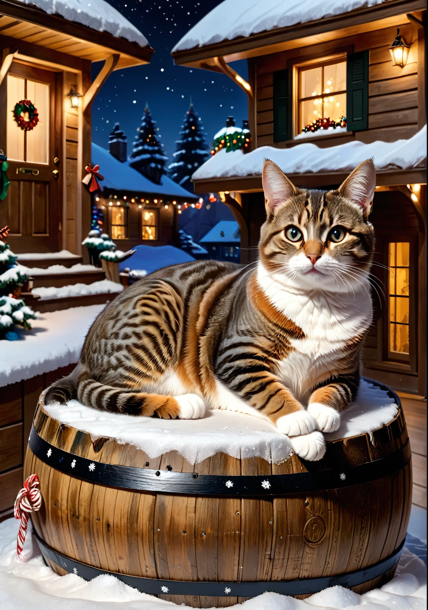 A cat lying on a large wooden barrel in front of a house decorated for Christmas、Brown tabby with eight split patternoonlit Night、I can see the lights from the windows of my house、A thin layer of snow is visible、snowman、High color reproducibility、Attention to detail、8K,　16K、Detailed