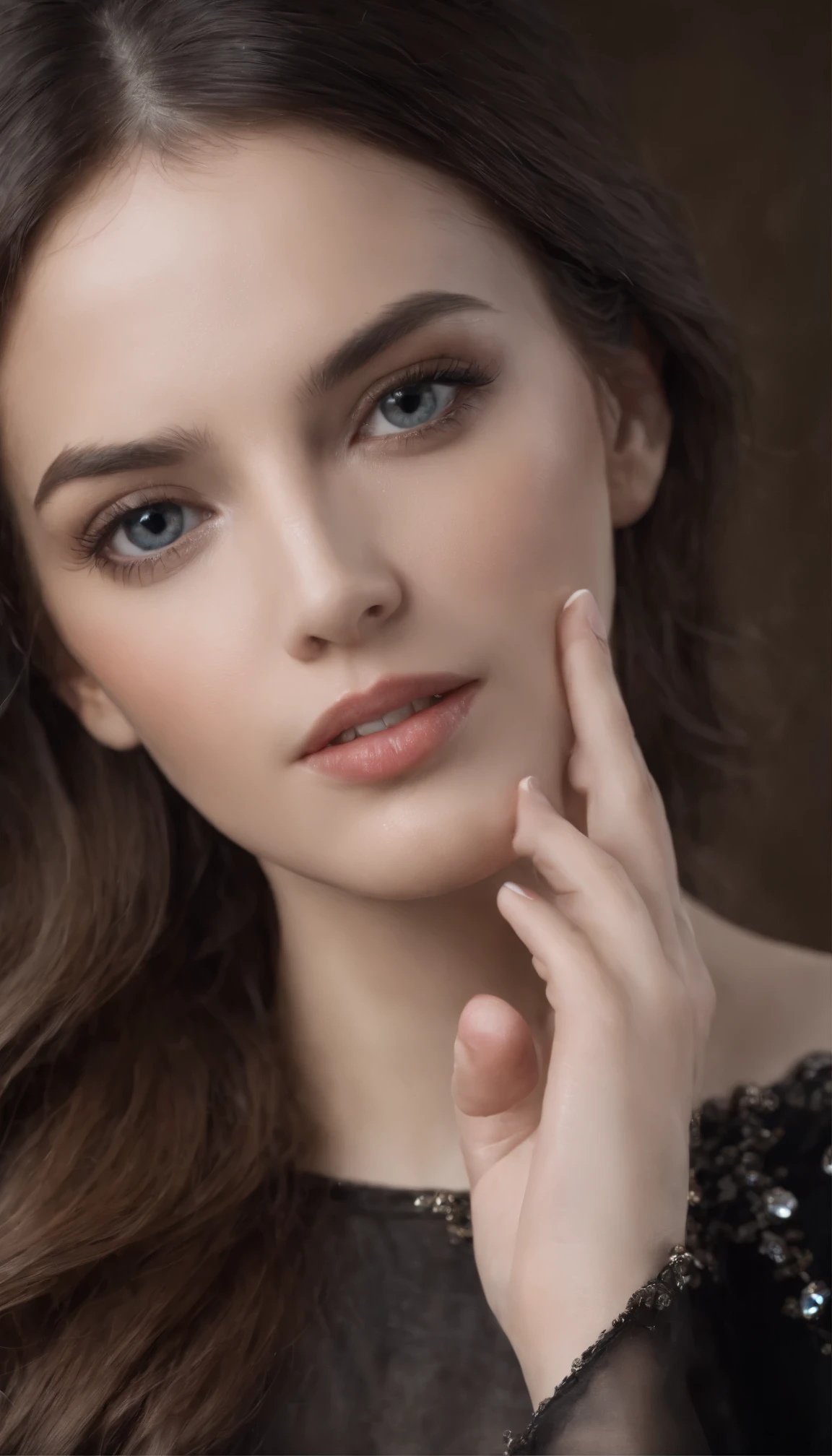 the face of a beautiful woman whose eyes are covered with a black silk cloth, her hair is loose partially covering her beautiful face, her mouth is slightly open and she is biting a bluish diamond, best quality image, hd
