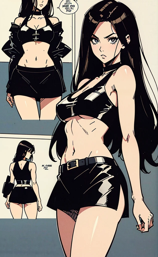 Manga comic sensual brunette girl crop top  tabled skirt In a sensual pose Small waist big hips (bigboob) (Black & White) (highly detailed) (concept art) (manga) (anime) (draw) (face anime detailed) (comics)