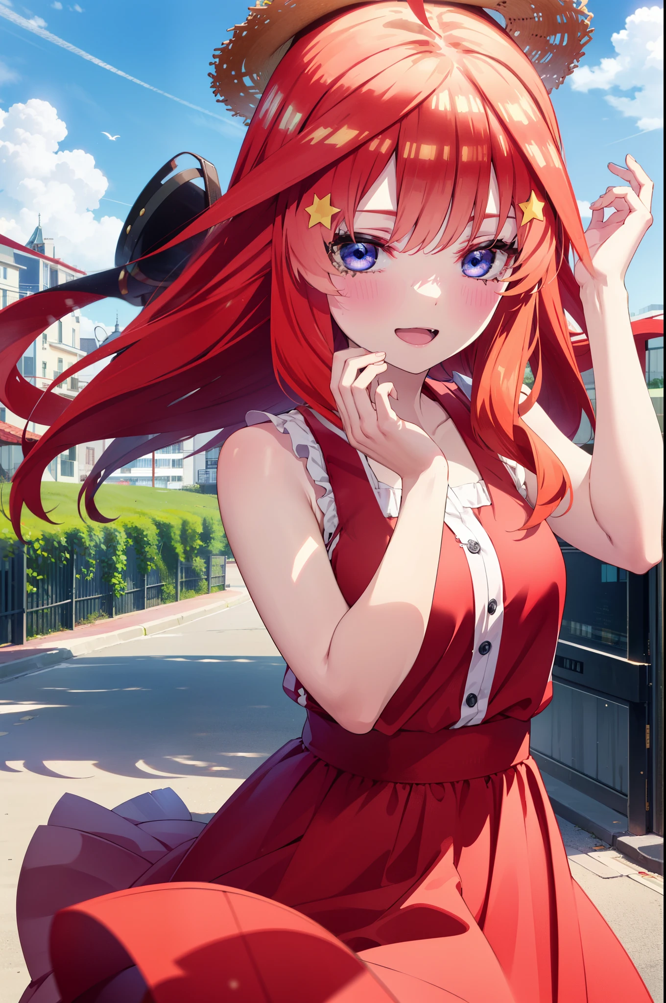 itsukinakano, Itsuki Nakano, bangs, blue eyes, Hair between the eyes, Ahoge, Redhead, star \(symbol\), hair ornaments, star hair ornaments,happy smile, smile, Open your mouth,Straw hat,Sleeveless red dress,Red long skirt,Cute heeled sandals,True Summer,Daytime,Clear skies,My hair is blowing in the wind,whole bodyがイラストに入るように,
break outdoors, In town,海岸通り
break looking at viewer, whole body,
break (masterpiece:1.2), highest quality, High resolution, unity 8k wallpaper, (figure:0.8), (Beautiful fine details:1.6), Highly detailed face, Perfect lighting, Highly detailed CG, (Perfect hands, Perfect Anatomy),