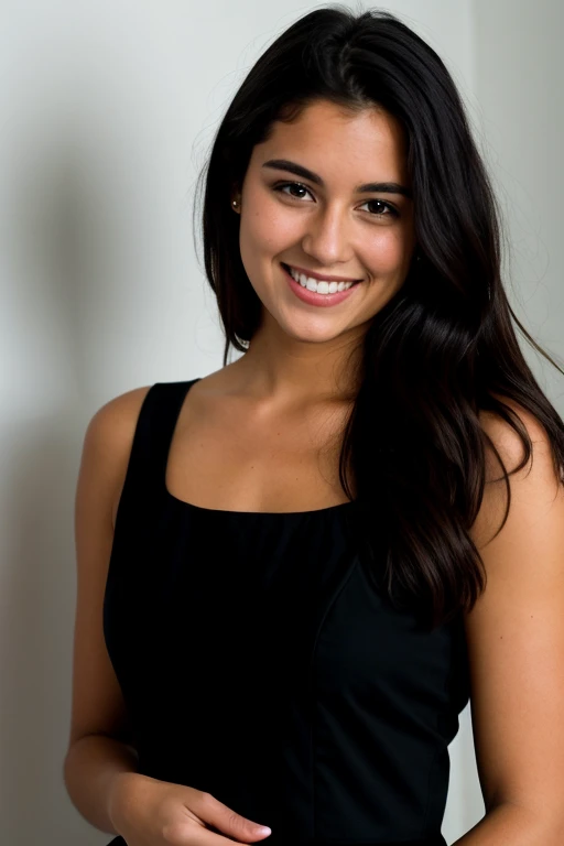RAW Photos, Beautiful 26-year-old face photo.Ladies,, Cute face, Wearing a black dress, smile, Hard Shadows, Cinematic shots, Dramatic lighting