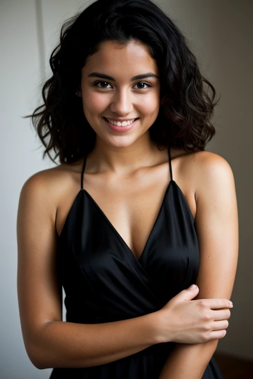 RAW Photos, Beautiful 26-year-old face photo.Ladies,, Cute face, Wearing a black dress, smile, Hard Shadows, Cinematic shots, Dramatic lighting