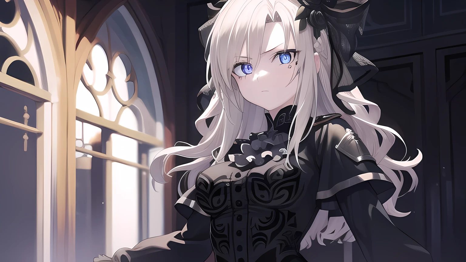 kriemhild, kriemhild, blue eyes, long hair, mole, mole under eye, pale skin, white hair, wavy hair,
BREAK ascot, black capelet, black dress, black flower, black gloves, black rose, capelet, dress, flower, gloves, long sleeves, rose, veil,
BREAK looking at viewer,
BREAK indoors,
BREAK (masterpiece:1.2), best quality, high resolution, unity 8k wallpaper, (illustration:0.8), (beautiful detailed eyes:1.6), extremely detailed face, perfect lighting, extremely detailed CG, (perfect hands, perfect anatomy),