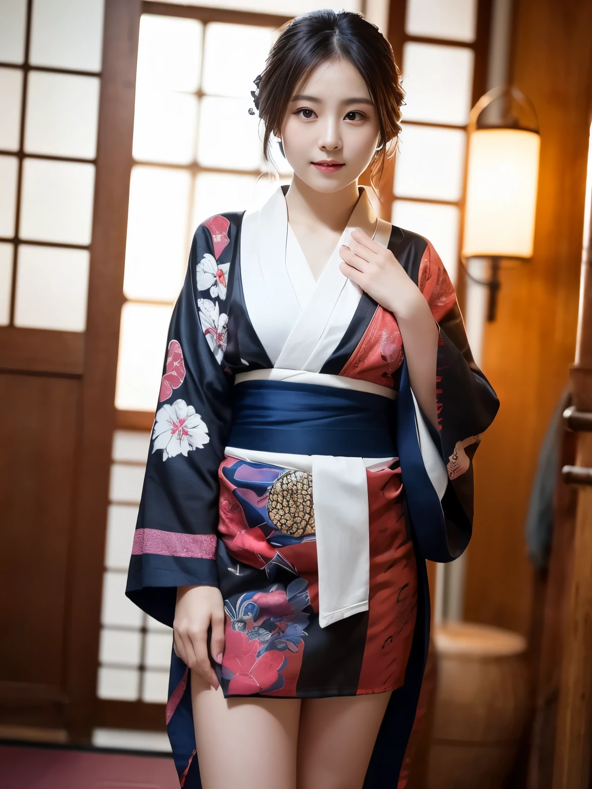 (((masterpiece))), (((highest quality: 1.4))), ((Super Detail: 1.4)) ,ulzzang-6500-v1.1, (Raw photo:1.2), (Photorealistic), (Genuine:1.4), (Full Body Shot:1.3). high school girl, Lesbian, (((Japan Yukata))),  , Spread your legs wide、(((Traditional Japanese Kimono、Long-sleeved kimono)))、Embarrassed look、Collarbone fetish、Fluttering kimono、liquor、Indoor at night、(Interior background at night)、Natural Skin Shader, Volumetric, Warm shades beneath her skin,
