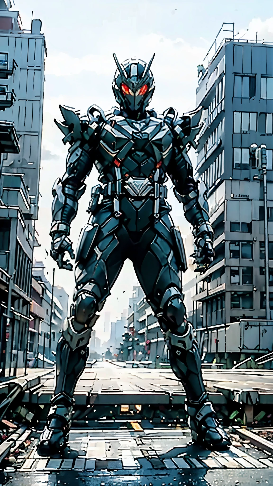 A man wearing a full-face helmet, a fantasy-style biotech armored combat suit, green eyes, (a composite layered chest armor), fully enclosed shoulder guards, matching arm and leg guards, the belt is adorned with dragon claw grasping orbs, (the color scheme is primarily black with red accents), the design balances heavy with agility, a high-tech bio-mecha armor, (Armor Concept Inspired by Dragons, stand on the top of a skyscraper in a futuristic sci-fi city), this character embodies a finely crafted fantasy-surreal style armored hero in anime style, exquisite and mature manga art style, (element, plasma, energy, the armor glows), ((male:1.5)), metallic, real texture material, dramatic, high definition, best quality, highres, ultra-detailed, ultra-fine painting, extremely delicate, professional, perfect body proportions, golden ratio, anatomically correct, symmetrical face, extremely detailed eyes and face, high quality eyes, creativity, RAW photo, UHD, 32k, Natural light, cinematic lighting, masterpiece-anatomy-perfect, masterpiece:1.5