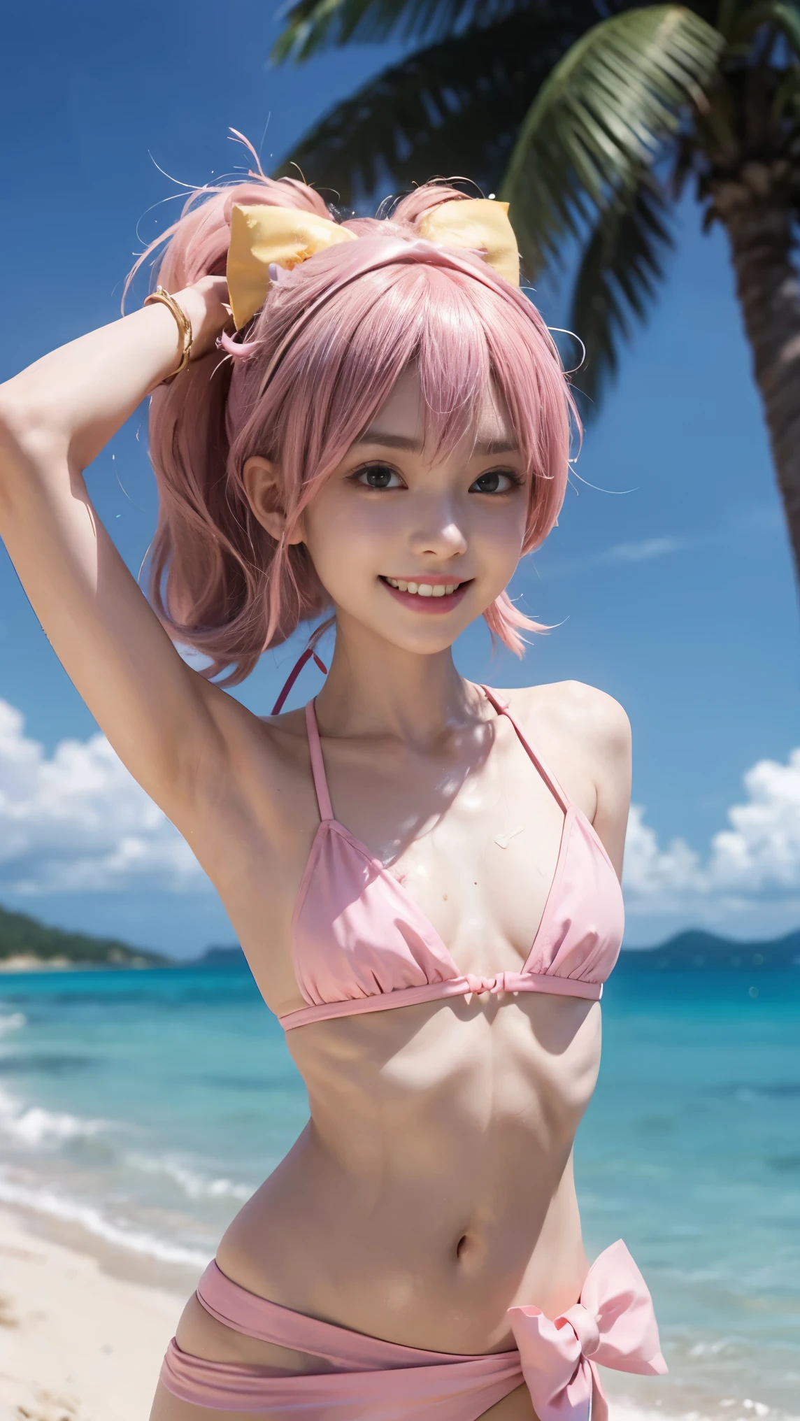 girl, goblin, smile of great joy，beautiful and moving，(((flat chest))),Do a dynamic dance、thin arms、thin waist、slender upper body、thin thighs、thin lower body、short twin tails、(((pink hair)))、tropical sandy beach、a dizzying smile、red micro bikini、jeweled flip flops