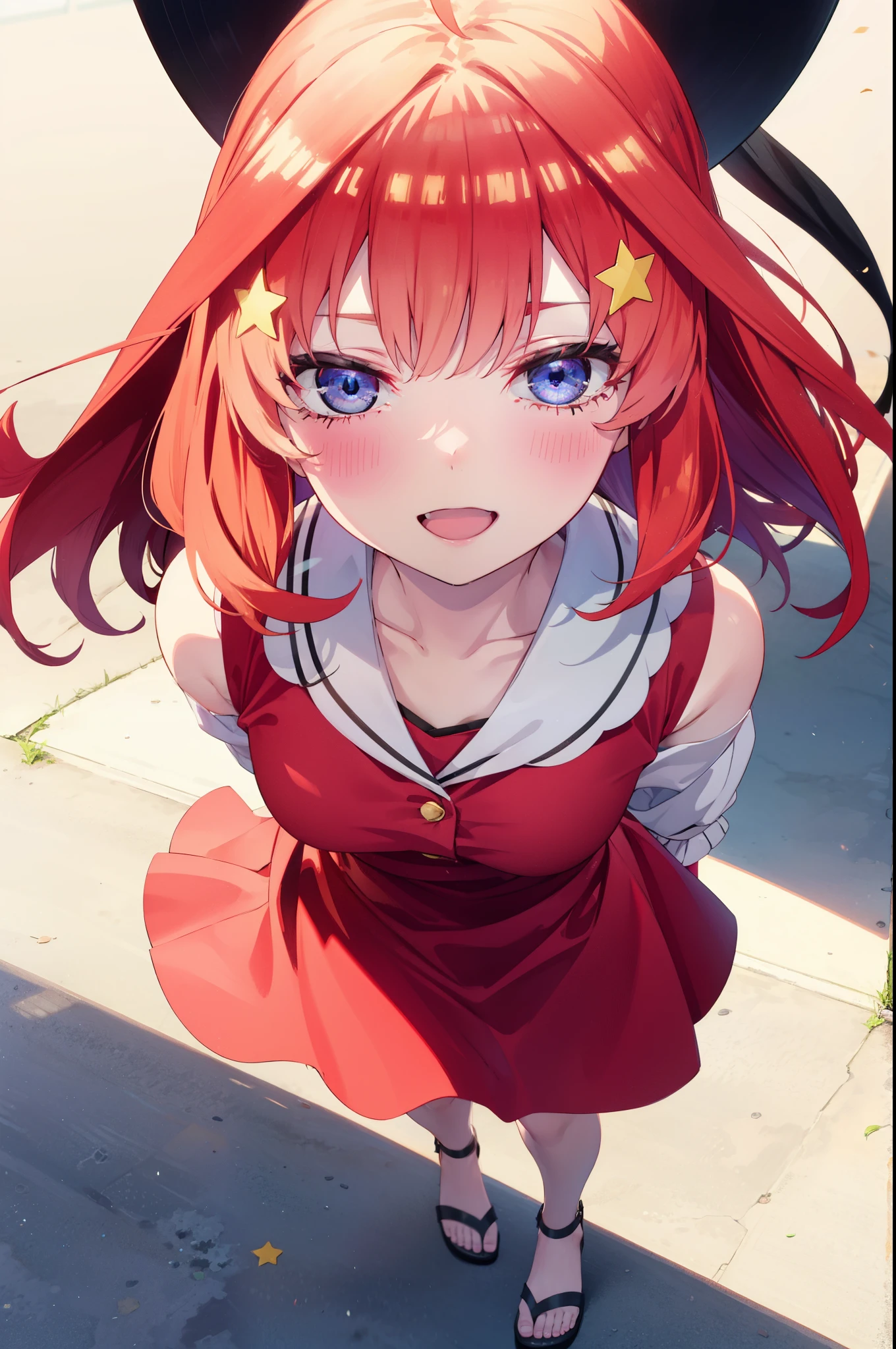itsukinakano, Itsuki Nakano, bangs, blue eyes, Hair between the eyes, Ahoge, Redhead, star \(symbol\), hair ornaments, star hair ornaments,ponytail, smile, happy smile, smile, Open your mouth,Big Breasts,smile,Sweat,Wet Skin,Wet clothes,Sportswear,Bloomers,sneakers,whole bodyがイラストに入るように,running,Looking up from below,
break outdoors ,School,グラウンド
break looking at viewer, whole body,(Cowboy Shot:1. 5) ,
break (masterpiece:1.2), highest quality, High resolution, unity 8k wallpaper, (shape:0.8), (Beautiful details:1.6), Highly detailed face, Perfect lighting, Extremely detailed CG, (Perfect hands, Perfect Anatomy),