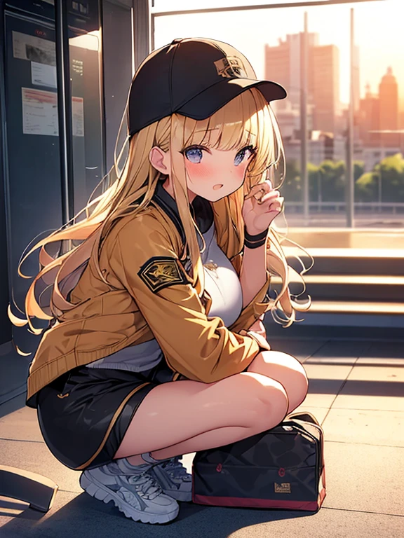 Masterpiece, Top quality, 1 beautiful girl, Blonde, medium Hair, wavy Hair, blunt bangs, silky hair, 15 year old, standard weight, big breasts, (cool jacket, Shorts :1.3), cap, happy, blush, beautiful scene of  subway station, blurry background, back lighting, magnificent panorama view, sunset, squatting down, from side