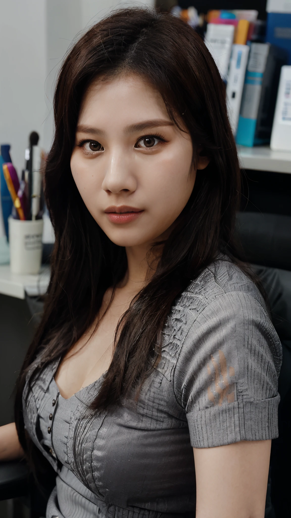 twsana, (realistic:1.5), (office worker:1.2), makeup, (portrait photo:1.2), (intricate:1.2), (looking at viewer:1.2) 