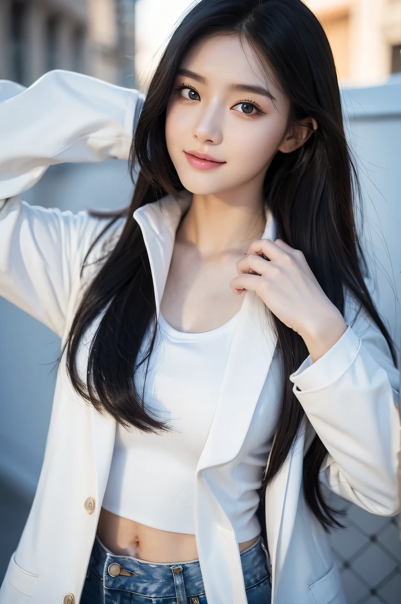 Best quality，tmasterpiece，Ultra HD，（Reality：1.4），RAW photogr，1girl，Long hair，Face Highlight，，Girl，，18 years old，18 years old smiling female classmate，，Innocent，（Best picture quality，8K，masterpiece：1.3），Oval face，big eyes，Long eyelashes，Exquisite（Realistic style），Star Eyes，Ultimate face shape，Realistic lighting and shadows，Clear facial features，Milky skin，White skin，Highly detailed skin，Realistic skin details，Visible pores，（Ultra Detail），（Perfect body：1.1），Long hairWhite hair，（Dynamic poses），((Dynamic Background((Volumetric Light：1.3))，Solid color background，White coat，White vest，jeans，Eyes look at the lens，Black eyes，
