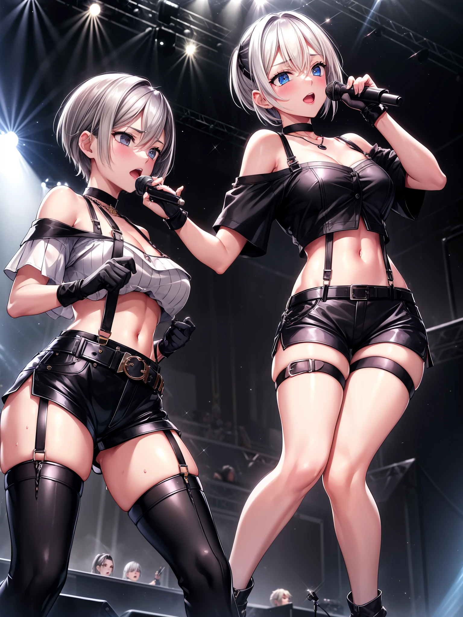 score_9,  score_8_up, score_7_up ffPaine, grey hair, choker, suspenders, necklace, off-shoulder shirt, black shirt, black gloves, midriff, belt, black shorts, black thighhighs,
on stage, stage lights, microphone, singing, sweat