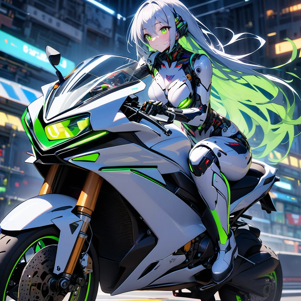 High quality, high definition images, full HD、
8k.(1 white long hair ai cyborg girl )、(black on white cyborg body) , many mechanisms are visible,Many green lights on the exterior、Riding a modern bike、white and blue modern motorbike ,green light on the exterior