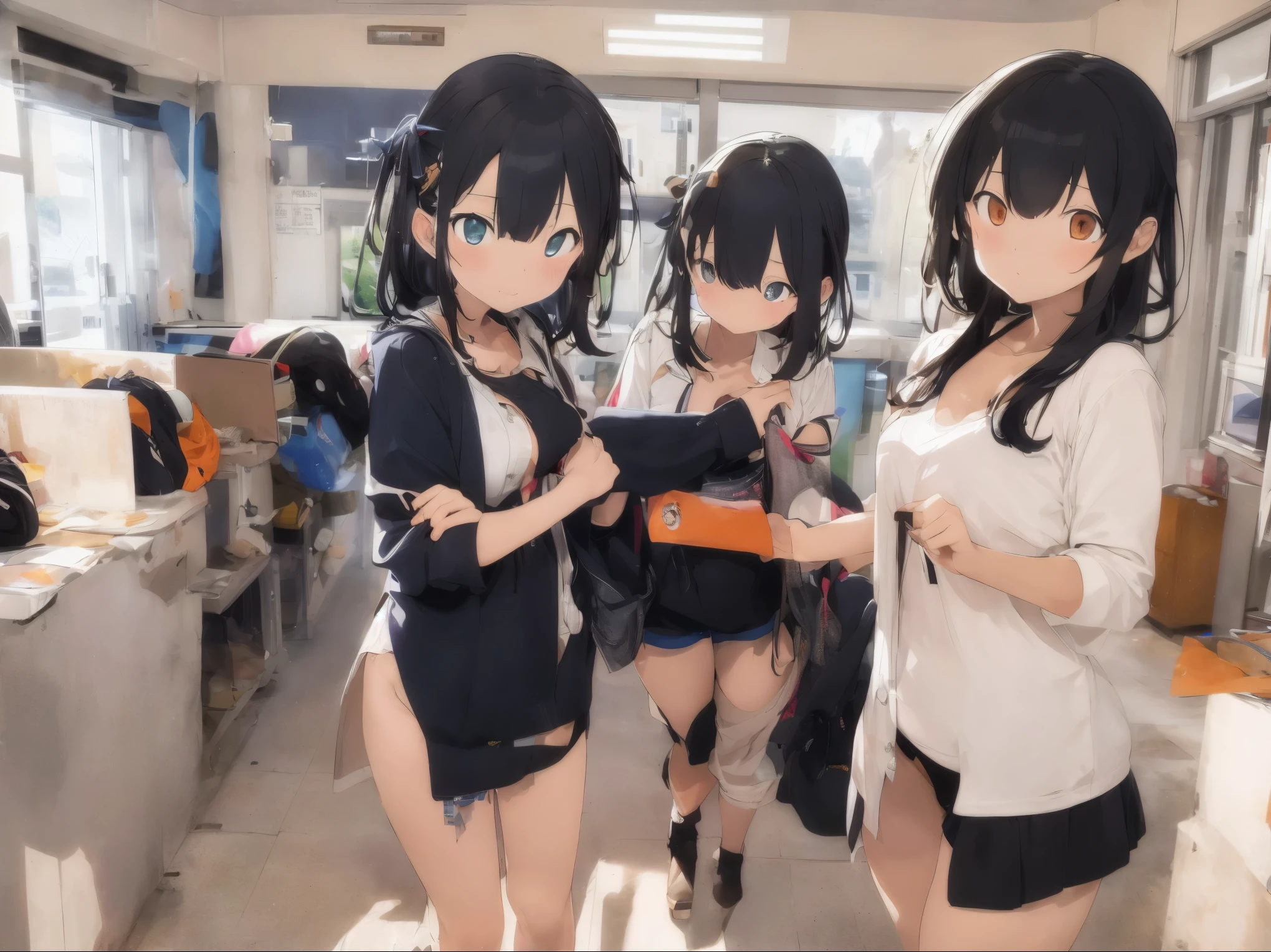 Undressing in a school classroom、Black Hair Girl、Girl undressed、A white short-sleeved shirt with all the buttons undone、Cute Bra、Cute Underwear、barefoot、Undressing in the classroom with lots of friends、Cool colored bra、Warm underwear